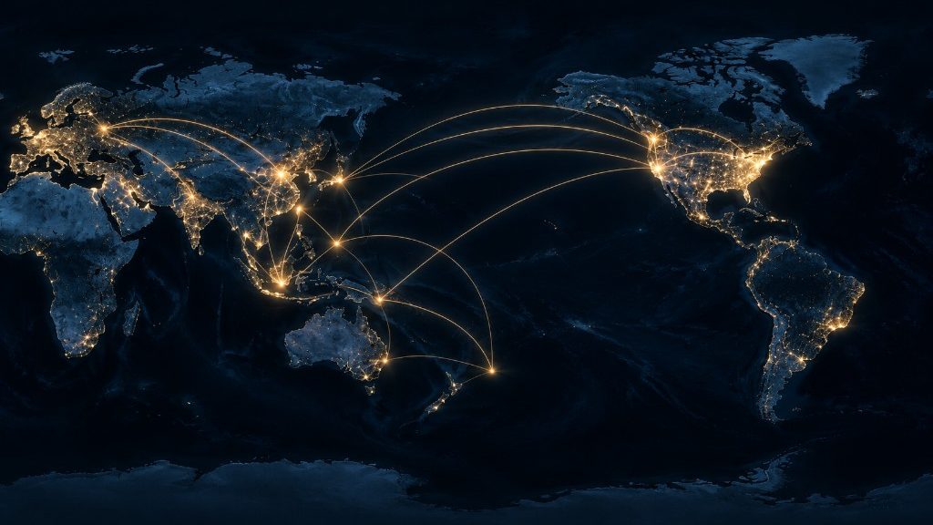 Nighttime world map with arcs connecting Asia and the United States
