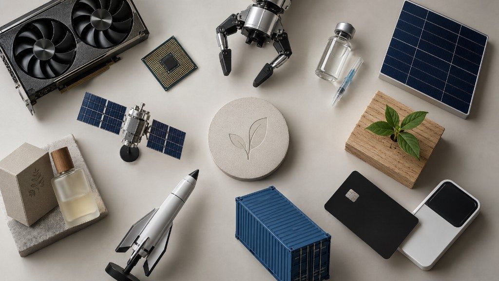 Objects from technology, health, energy, and industry arranged in a circle