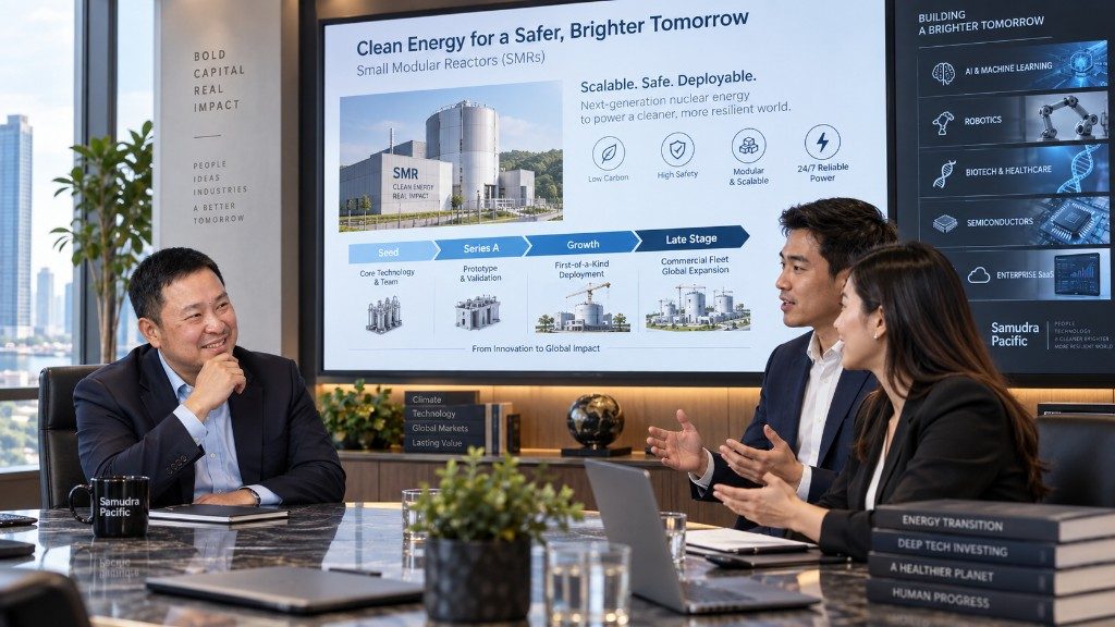 A team reviewing a Samudra Pacific growth-stage presentation